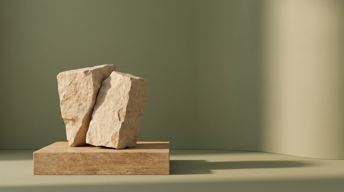 Foldsee AI-created brand study: folded limestone sculpture with sage backdrop